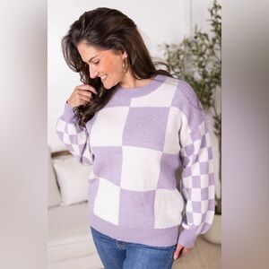 Michelle Mae Checkered Pullover Sweater - Lavender